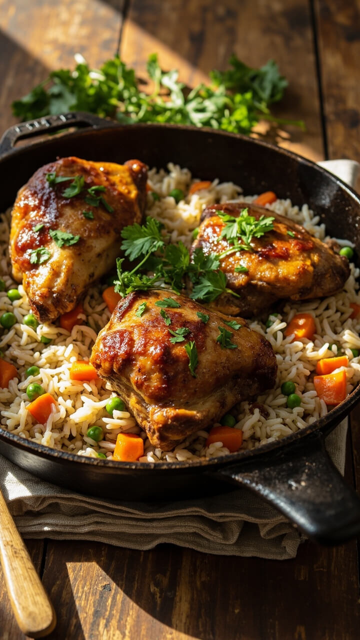 A skillet filled with golden-brown chicken thighs nestled in fluffy white rice, diced carrots and peas peeking through, garnished with fresh parsley. A wooden spoon is ready, and the skillet sits on a rustic table with a folded dish towel underneath.