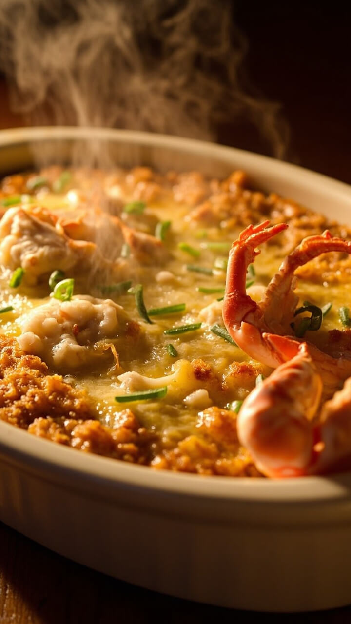 An oval white gratin dish filled with bubbling, golden-topped crab gratin, the surface dotted with melted cheese and breadcrumbs. Chopped chives and a few crab leg pieces are arranged on top for garnish. An oval white gratin dish filled with bubbling, golden-topped crab gratin, the surface dotted with melted cheese and breadcrumbs. Chopped chives and a few crab leg pieces are arranged on top for garnish.