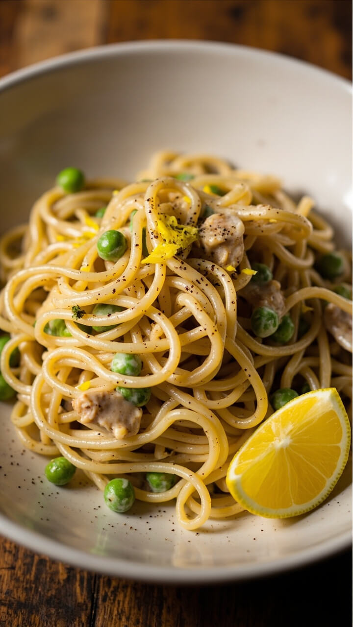 A white bowl filled with twirly spaghetti tossed in a creamy tuna sauce, dotted with green peas and garnished with lemon zest and black pepper. A lemon wedge sits on the edge of the bowl.