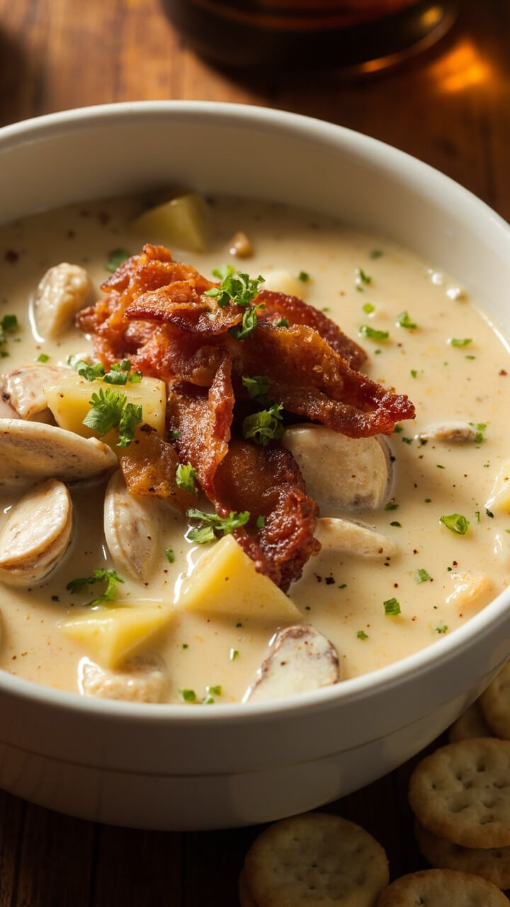 A thick, creamy chowder in a white soup bowl, brimming with bits of clam, potato cubes, and crispy bacon on top. A sprinkle of parsley and oyster crackers on the side.