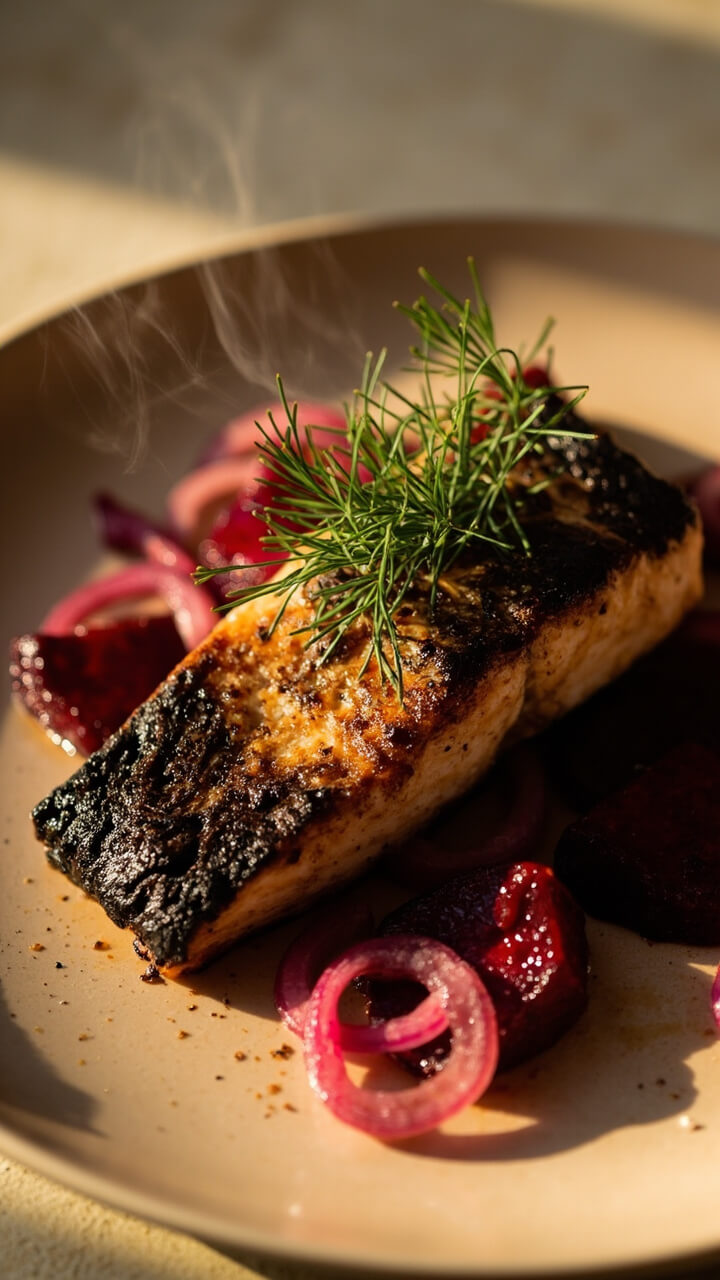 Charred salmon fillet on a cream-colored plate, scattered with jewel-toned roasted beet wedges and bright pink pickled red onion rings, topped with fresh dill. Charred salmon fillet on a cream-colored plate, scattered with jewel-toned roasted beet wedges and bright pink pickled red onion rings, topped with fresh dill.