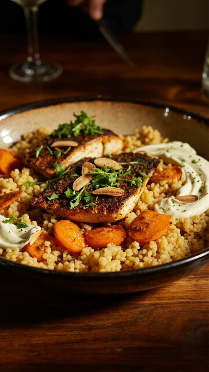 A big shallow serving bowl with golden couscous, rounds of roasted carrot, and a piece of spiced white fish on top, garnished with chopped cilantro and toasted almonds. Yogurt swirled on the side. A big shallow serving bowl with golden couscous, rounds of roasted carrot, and a piece of spiced white fish on top, garnished with chopped cilantro and toasted almonds. Yogurt swirled on the side.