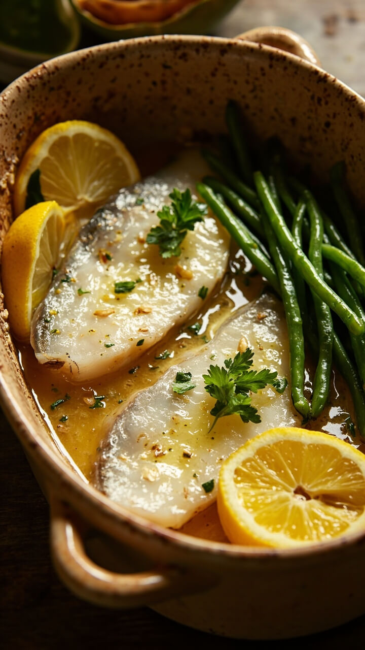 Sole fillets in a ceramic baking dish, covered in bubbling, golden butter with flecks of minced garlic and a sprinkle of parsley. Served with lemon wedges and a side of steamed green beans.