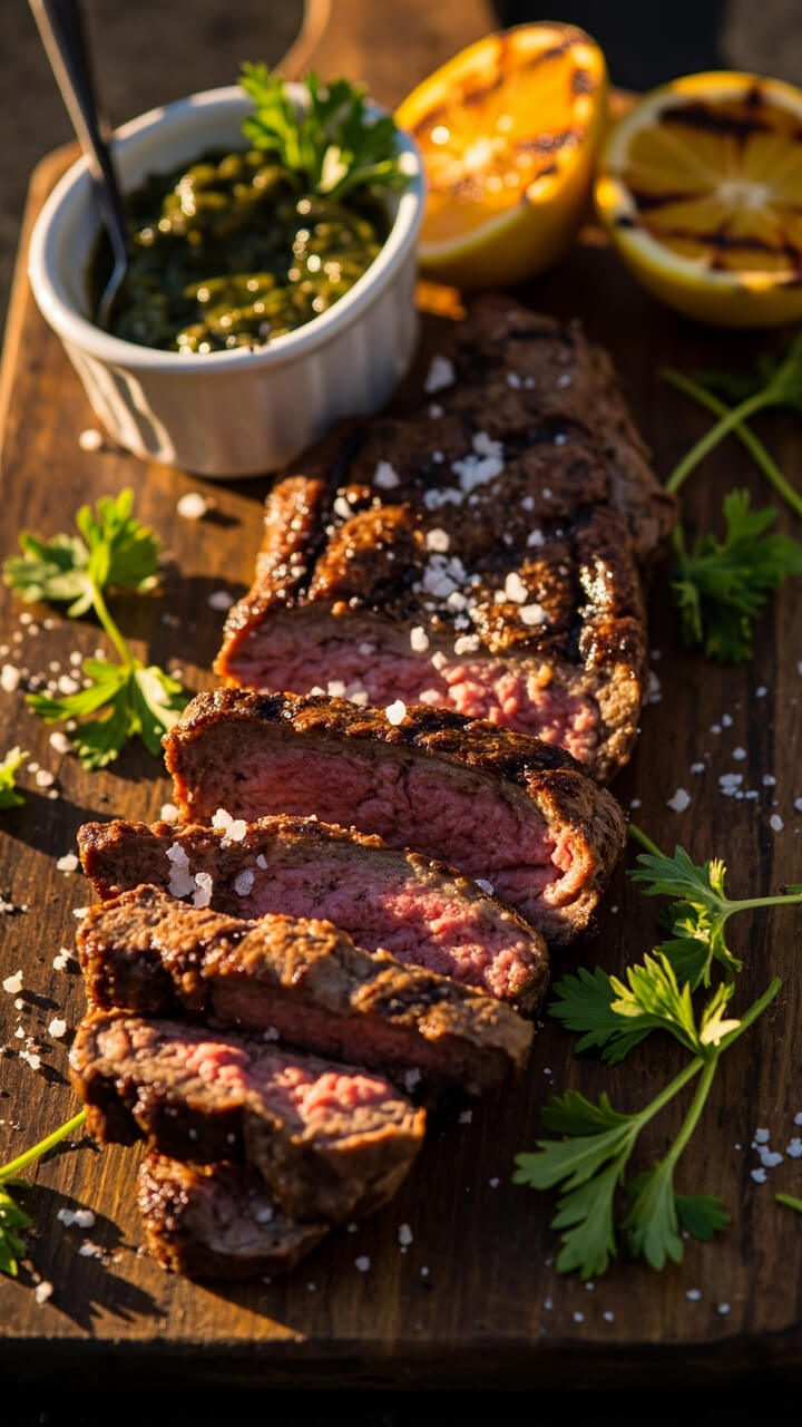 Sliced grilled skirt steak arranged on a rustic wooden cutting board, pink and juicy inside with dark grill marks, sprinkled with flaky sea salt. A handful of fresh parsley scattered around and a small ramekin of chimichurri sauce on the side. Grilled lemon halves complete the scene. Sliced grilled skirt steak arranged on a rustic wooden cutting board, pink and juicy inside with dark grill marks, sprinkled with flaky sea salt. A handful of fresh parsley scattered around and a small ramekin of chimichurri sauce on the side. Grilled lemon halves complete the scene.
