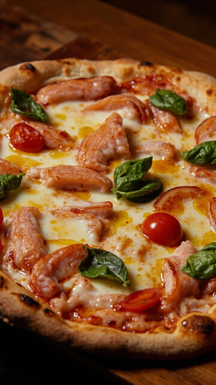 A golden baked pizza topped with melty mozzarella, scattered pieces of pink langostino, sliced cherry tomatoes, fresh basil leaves, and a thin drizzle of garlic oil, sliced on a wooden pizza board.