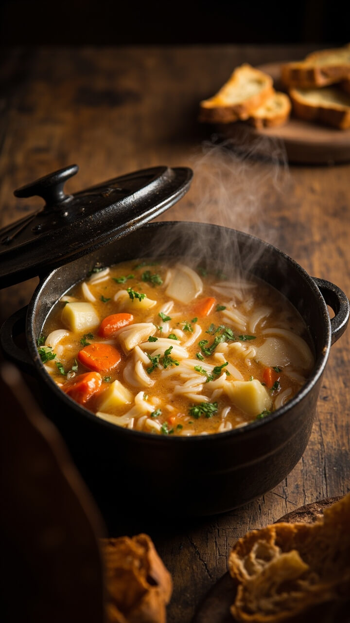 A Dutch oven brimming with golden broth, cubes of carrot, parsnip, and potato, mixed with fluffy white rice and flecks of parsley. Steaming in the center of a wooden table, with slices of crusty bread nearby.