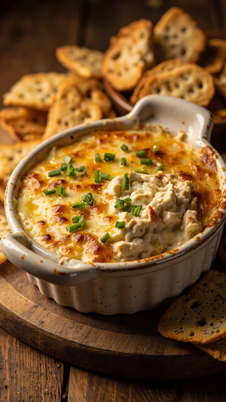 A rustic white baking dish filled with golden, bubbling crab dip, topped with a light sprinkle of chopped chives, surrounded by crackers and slices of rustic bread on a wooden board. A rustic white baking dish filled with golden, bubbling crab dip, topped with a light sprinkle of chopped chives, surrounded by crackers and slices of rustic bread on a wooden board.