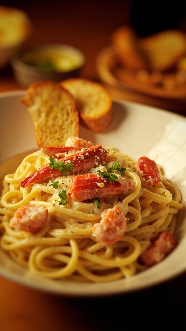 A wide bowl of fettuccine, noodles slicked in creamy white sauce, topped with plump, bright red lobster pieces and tiny flecks of parsley, a piece of garlic bread resting nearby. A wide bowl of fettuccine, noodles slicked in creamy white sauce, topped with plump, bright red lobster pieces and tiny flecks of parsley, a piece of garlic bread resting nearby.