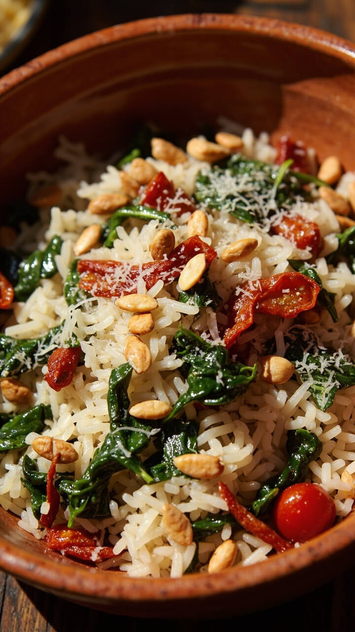A wide bowl holds rice flecked with wilted spinach, ribbons of sun-dried tomato, scattered toasted pine nuts, and a dusting of parmesan. The reds and greens pop against the rice and bowl.