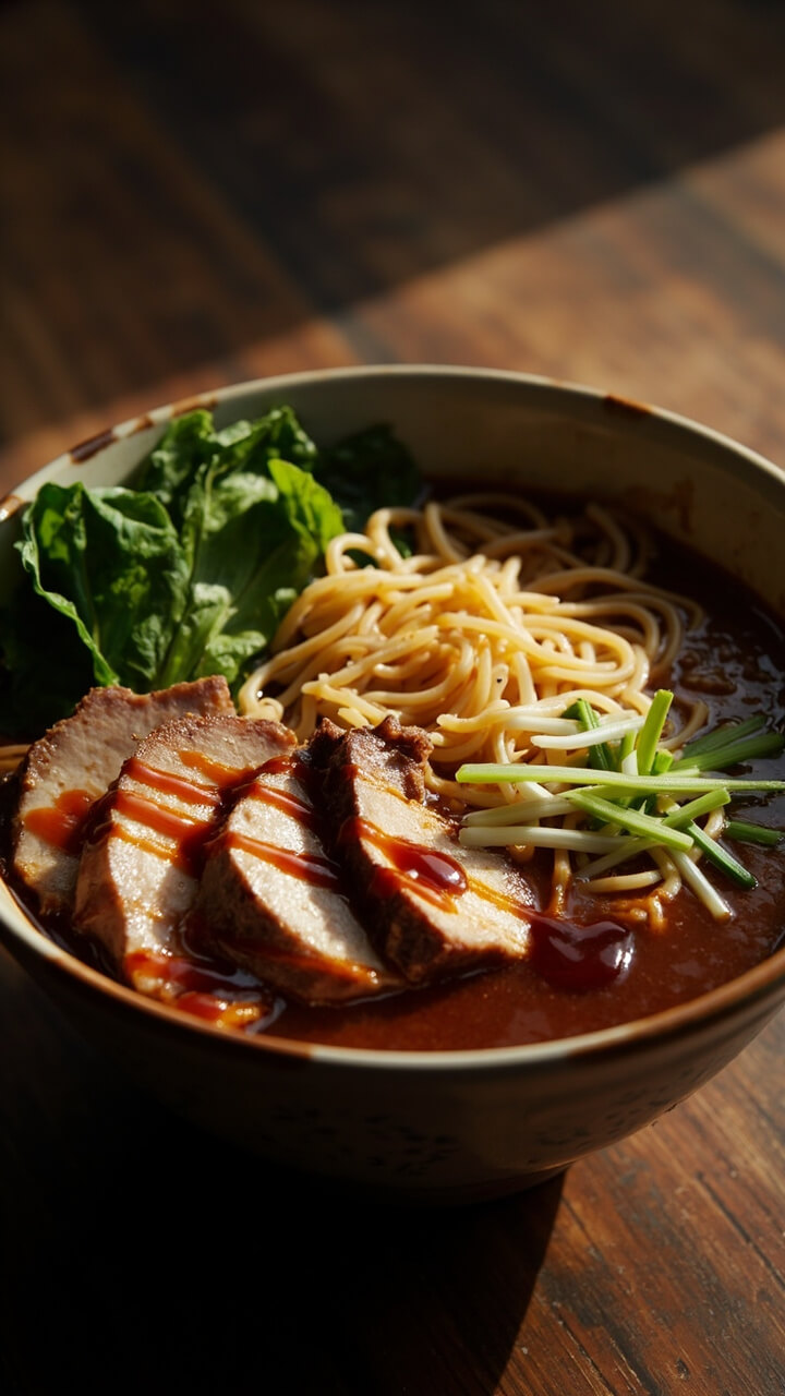 A ceramic soup bowl holding a rich brown broth with thin ramen noodles, sliced roast duck fanned across the top, a handful of baby spinach, and a drizzle of hoisin sauce, with thinly sliced scallions.