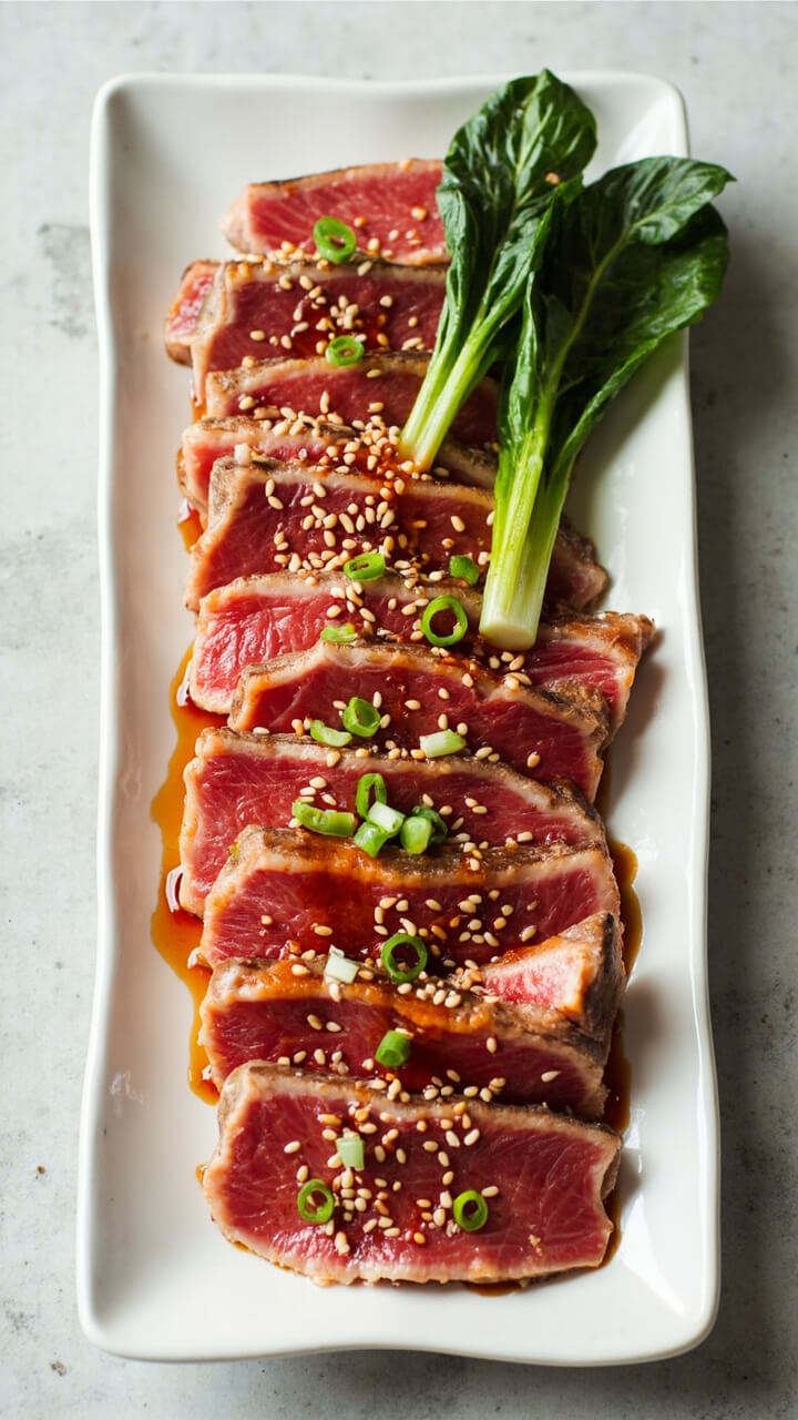 Sliced rare tuna steaks fanned on a rectangular plate, drizzled with glossy orange-sesame glaze, sprinkled with scallions and sesame seeds, served alongside steamed baby bok choy. Sliced rare tuna steaks fanned on a rectangular plate, drizzled with glossy orange-sesame glaze, sprinkled with scallions and sesame seeds, served alongside steamed baby bok choy.
