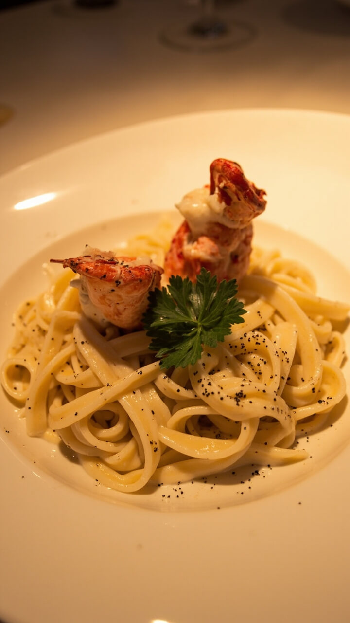 A swirl of fettuccine on a wide plate, coated in creamy white Alfredo sauce, crowned with pink langostino lobster tails, dusted with cracked black pepper, a sprig of parsley in the center.