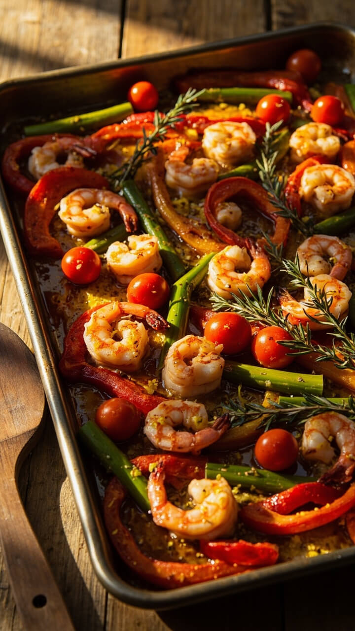 A large rimmed baking sheet covered with roasted shrimp nestled among red bell pepper slices, asparagus spears, and cherry tomatoes, all glistening with olive oil, scattered with lemon zest and fresh thyme, presented beside a wooden spatula.