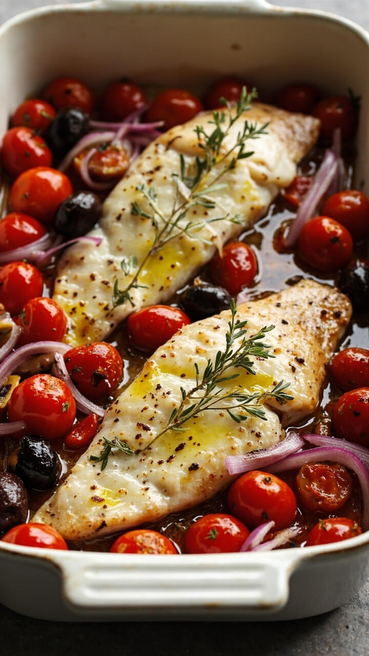 Catfish fillets nestled among cherry tomatoes, kalamata olives, sliced red onions, and sprigs of oregano, all arranged in a white enamel baking dish with a drizzle of olive oil. Catfish fillets nestled among cherry tomatoes, kalamata olives, sliced red onions, and sprigs of oregano, all arranged in a white enamel baking dish with a drizzle of olive oil.