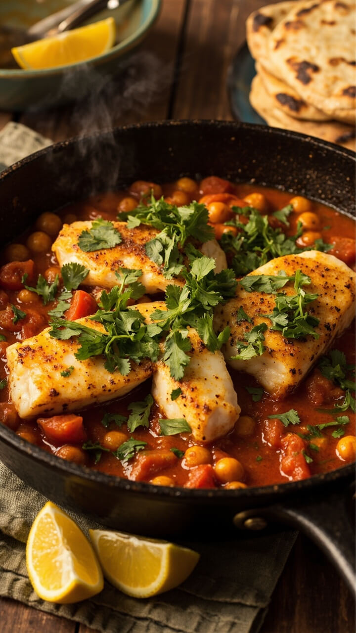 Golden cod fillets nestled in a cast iron skillet with a brothy tomato-chickpea mixture, bright pops of chopped cilantro, and lemon wedges on the side. Served up with warm flatbread. Golden cod fillets nestled in a cast iron skillet with a brothy tomato-chickpea mixture, bright pops of chopped cilantro, and lemon wedges on the side. Served up with warm flatbread.