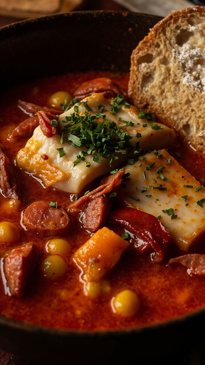 A bowl of deep red broth with chunks of white cod, slices of chorizo, chickpeas, and chopped parsley. Served with a rustic slice of bread on the side.