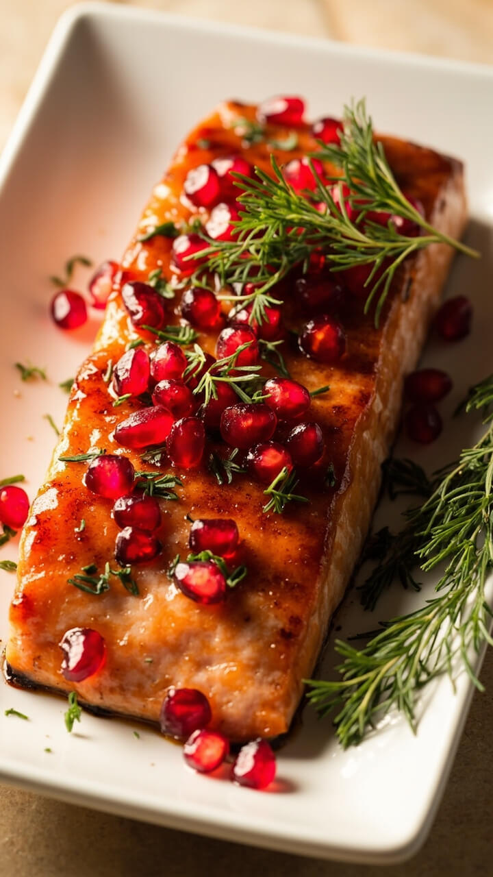 A fillet of roasted salmon with a glossy ruby-red glaze, topped with fresh pomegranate seeds and chopped herbs, laid on a rectangular white serving plate with sprigs of dill.