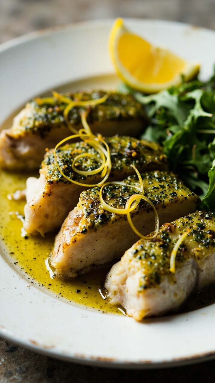 Three fish fillets with a green-flecked crust, glistening with olive oil and sprinkled with lemon zest, arranged on a white ceramic plate. There’s a simple arugula salad and a lemon wedge nearby. Three fish fillets with a green-flecked crust, glistening with olive oil and sprinkled with lemon zest, arranged on a white ceramic plate. There’s a simple arugula salad and a lemon wedge nearby.