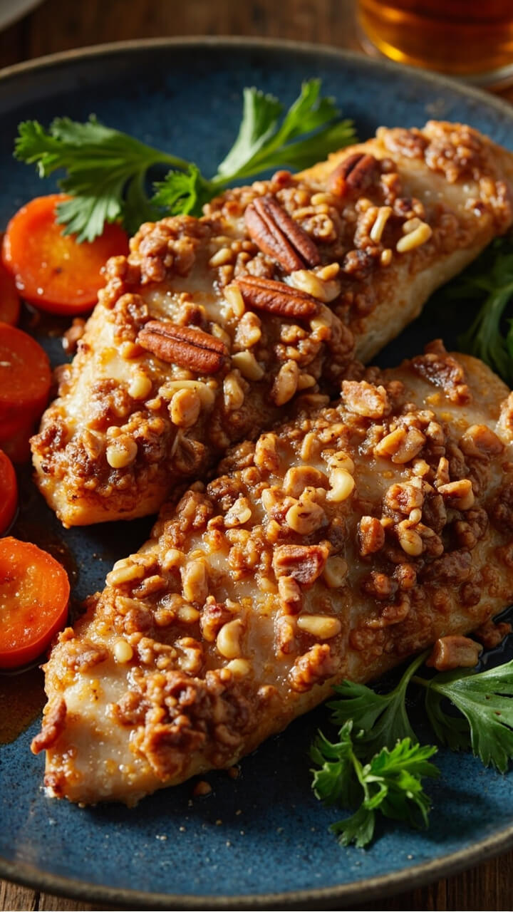 Catfish fillets coated with a golden-brown, chunky pecan crust, arranged on a slate-blue plate, finished with fresh parsley and a side of honey-glazed carrots. Catfish fillets coated with a golden-brown, chunky pecan crust, arranged on a slate-blue plate, finished with fresh parsley and a side of honey-glazed carrots.