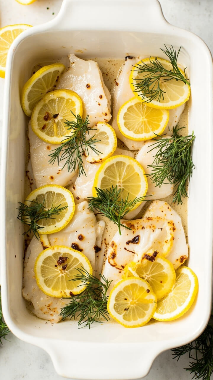 Catfish fillets nestled in a white ceramic baking dish, covered with thin lemon slices, fresh dill, and parsley. The fish is flaky with a glistening, lightly golden edge, garnished with extra lemon on the side.