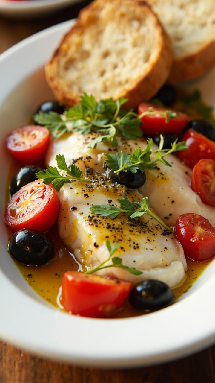 A shallow white dish with flaky cod fillets nestled among cherry tomatoes and black olives, sprinkled with chopped parsley. Olive oil glistens on top, juices pooled at the bottom. Warm crusty bread sits alongside. A shallow white dish with flaky cod fillets nestled among cherry tomatoes and black olives, sprinkled with chopped parsley. Olive oil glistens on top, juices pooled at the bottom. Warm crusty bread sits alongside.