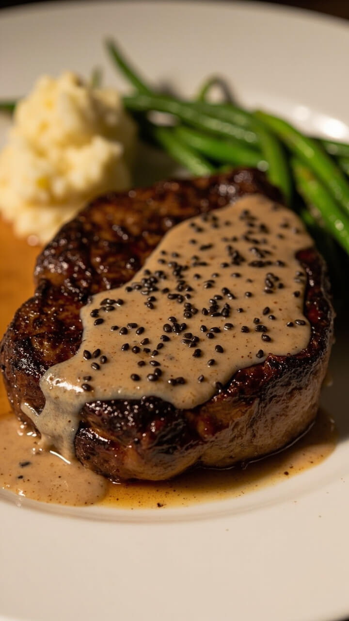 A perfectly seared steak coated in a coarse peppercorn crust, topped with peppery cream sauce, served on a white plate with a dollop of mashed potatoes and green beans. A perfectly seared steak coated in a coarse peppercorn crust, topped with peppery cream sauce, served on a white plate with a dollop of mashed potatoes and green beans.