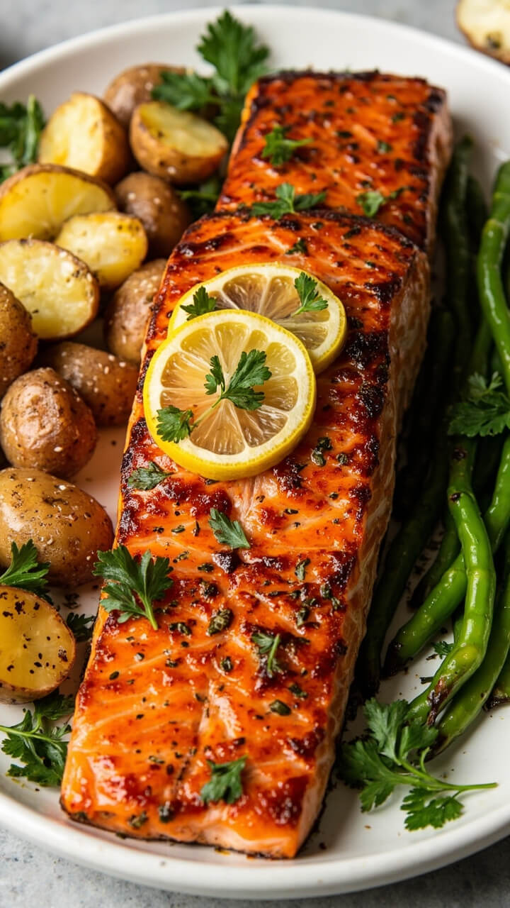 A whole side of salmon with a glossy, amber-brown glaze, garnished with parsley and thin lemon rounds, served on a large white ceramic platter. The crust is caramelized and speckled with herbs, surrounded by roasted baby potatoes and green beans. A whole side of salmon with a glossy, amber-brown glaze, garnished with parsley and thin lemon rounds, served on a large white ceramic platter. The crust is caramelized and speckled with herbs, surrounded by roasted baby potatoes and green beans.