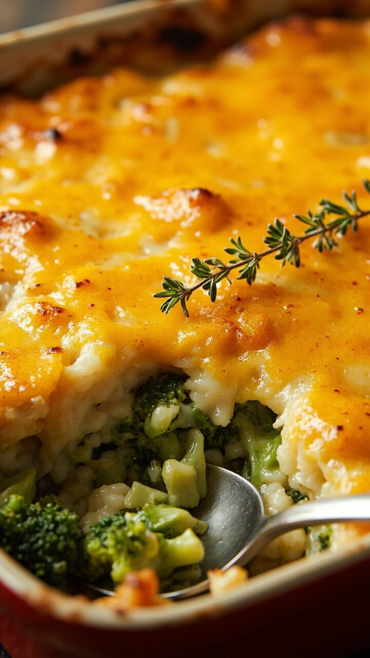 A casserole dish of creamy rice mixed with bright green broccoli florets, topped with a bubbling, golden cheddar cheese crust, with a serving spoon ready for scooping and a sprig of thyme for garnish. A casserole dish of creamy rice mixed with bright green broccoli florets, topped with a bubbling, golden cheddar cheese crust, with a serving spoon ready for scooping and a sprig of thyme for garnish.