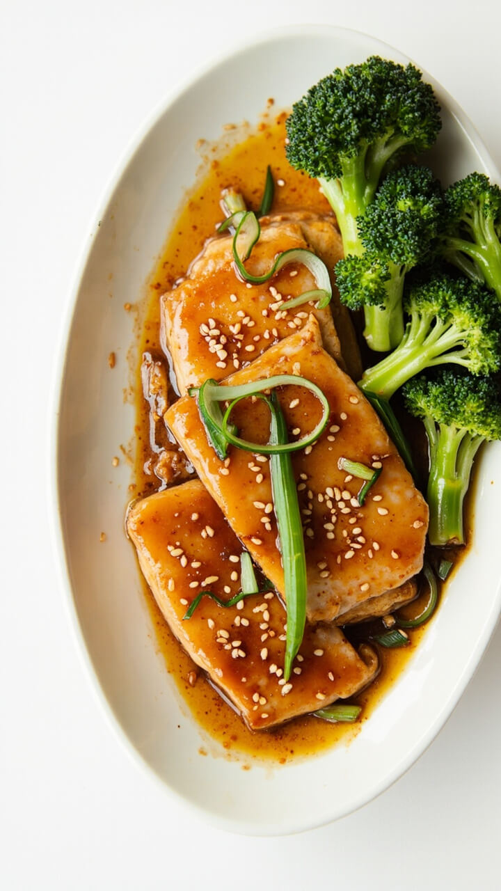 Catfish fillets on a white oval dish, glazed with a shiny soy-ginger sauce, and sprinkled with sliced green onions and sesame seeds. Served with steamed broccoli florets on the side.