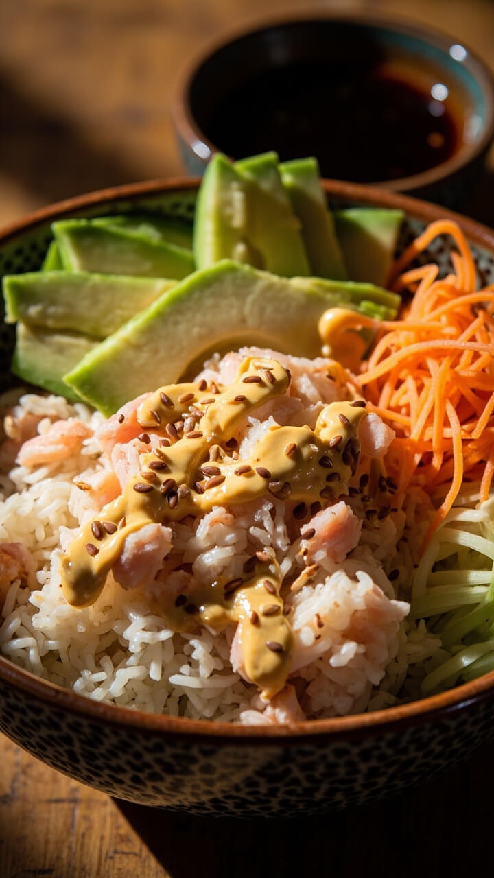 A wide ceramic bowl filled with seasoned sushi rice, topped with rows of shredded imitation crab, sliced cucumbers, carrots, avocado, and a sprinkle of sesame seeds. A drizzle of spicy mayo over everything and a side of soy sauce.