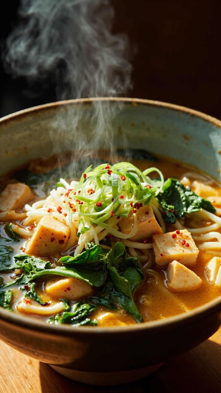 Large bowl with a light, clear broth, silky ramen noodles, crispy cubes of golden tofu, a pile of fresh spinach, and a sprinkle of chili flakes garnished with green onions. Large bowl with a light, clear broth, silky ramen noodles, crispy cubes of golden tofu, a pile of fresh spinach, and a sprinkle of chili flakes garnished with green onions.