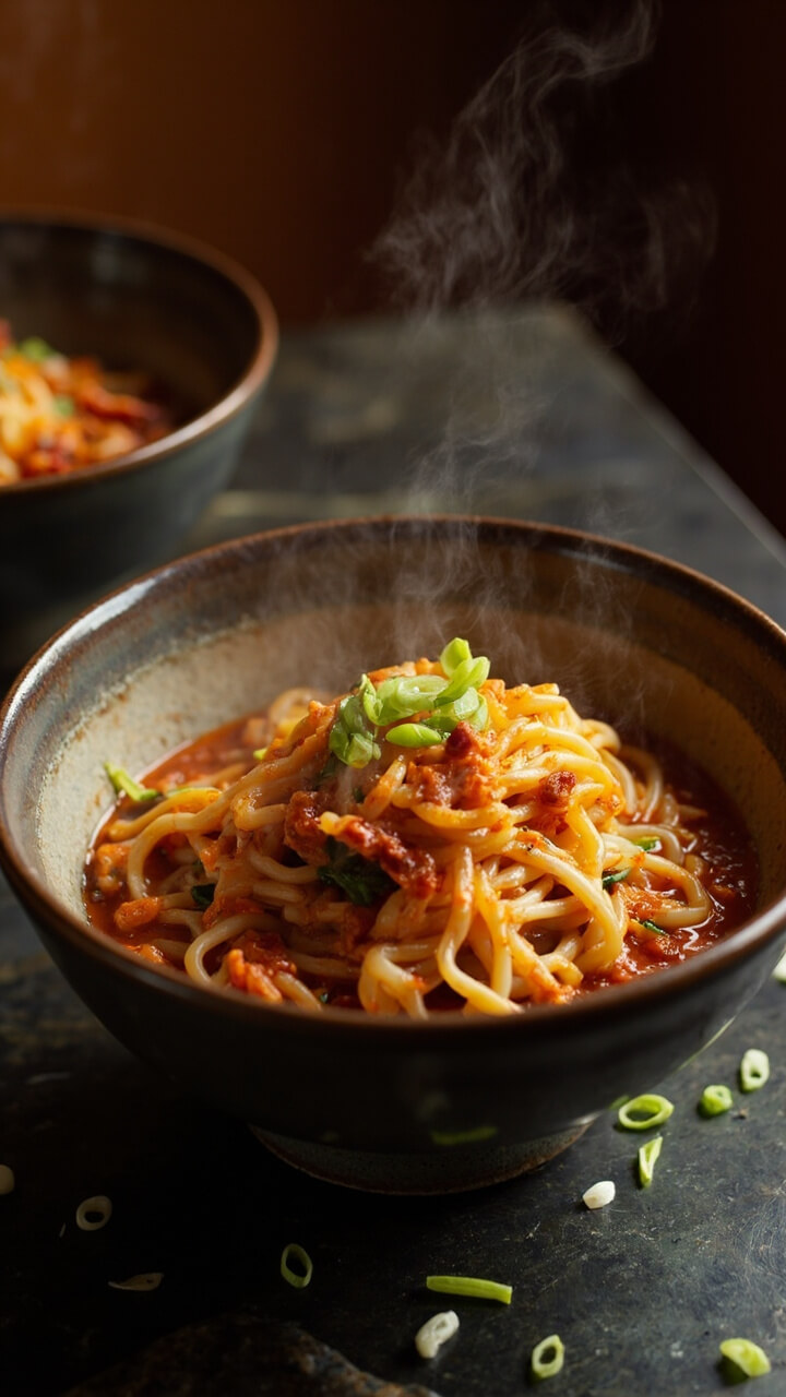 A medium bowl with a tangle of noodles in spicy kimchi broth, bubbling with melted cheese over the top and bits of chopped kimchi visible, green onions scattered on a dark stone countertop.