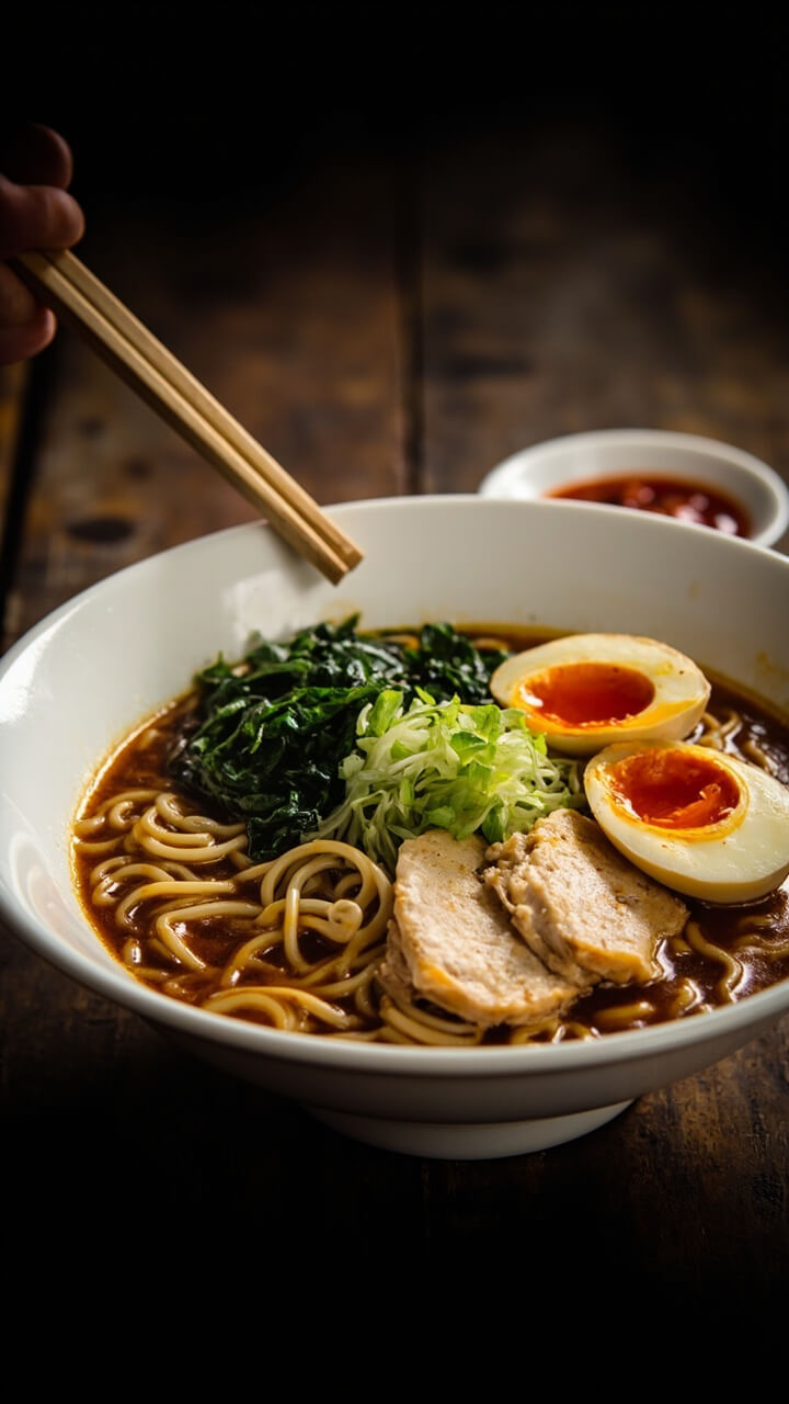 A steaming white bowl filled with curly ramen noodles in a caramel-colored soy broth, topped with slices of poached chicken, a halved jammy egg, sautéed spinach, and a sprinkling of green onions. A pair of chopsticks balances on the rim, and a small dish of chili oil sits nearby on a wooden table.