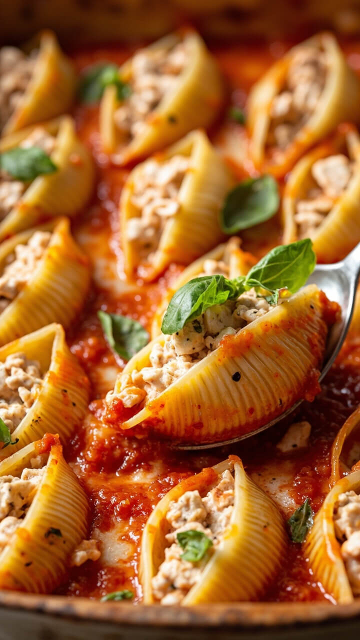 A baking dish of jumbo pasta shells stuffed with a creamy crab filling, spread with a thin layer of tomato sauce, baked until lightly browned and topped with fresh basil leaves. A spoon lifts a shell to reveal the filling. A baking dish of jumbo pasta shells stuffed with a creamy crab filling, spread with a thin layer of tomato sauce, baked until lightly browned and topped with fresh basil leaves. A spoon lifts a shell to reveal the filling.