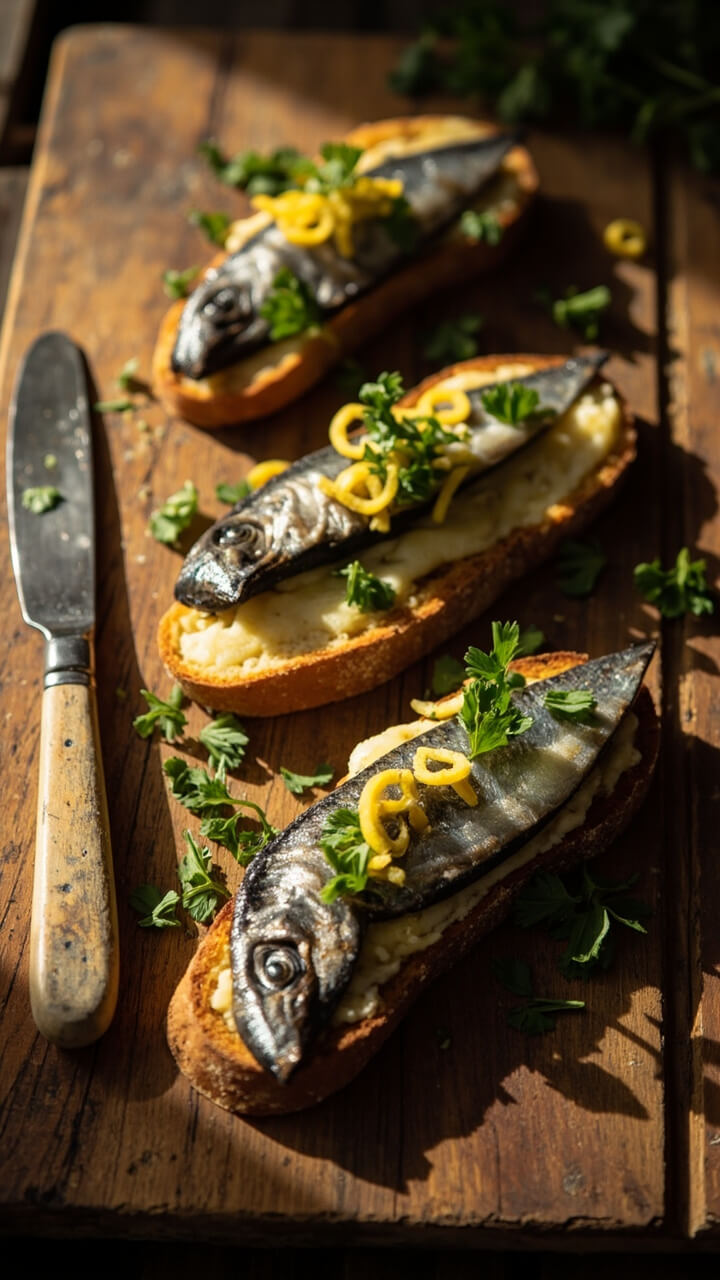 A rustic wooden board with slices of toasted sourdough topped with plump sardines, a few curls of lemon zest, and chopped parsley sprinkled over. A vintage butter knife lies on the side. A rustic wooden board with slices of toasted sourdough topped with plump sardines, a few curls of lemon zest, and chopped parsley sprinkled over. A vintage butter knife lies on the side.