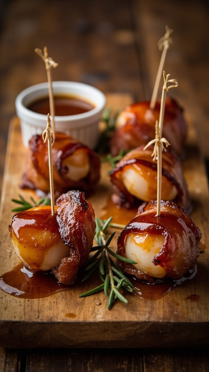 A small wooden platter displays bacon-wrapped sea scallops, glazed with a glossy caramelized maple sauce. Wooden toothpicks hold each piece together. There’s a ramekin of extra glaze on the side and sprigs of rosemary for garnish. A small wooden platter displays bacon-wrapped sea scallops, glazed with a glossy caramelized maple sauce. Wooden toothpicks hold each piece together. There’s a ramekin of extra glaze on the side and sprigs of rosemary for garnish.