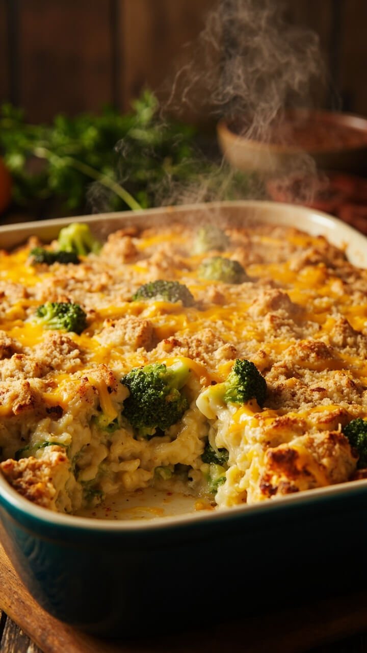 A casserole dish bubbling with cheesy rice, bright green broccoli florets, and chunks of chicken, topped with a layer of melted cheddar and a sprinkle of breadcrumbs.