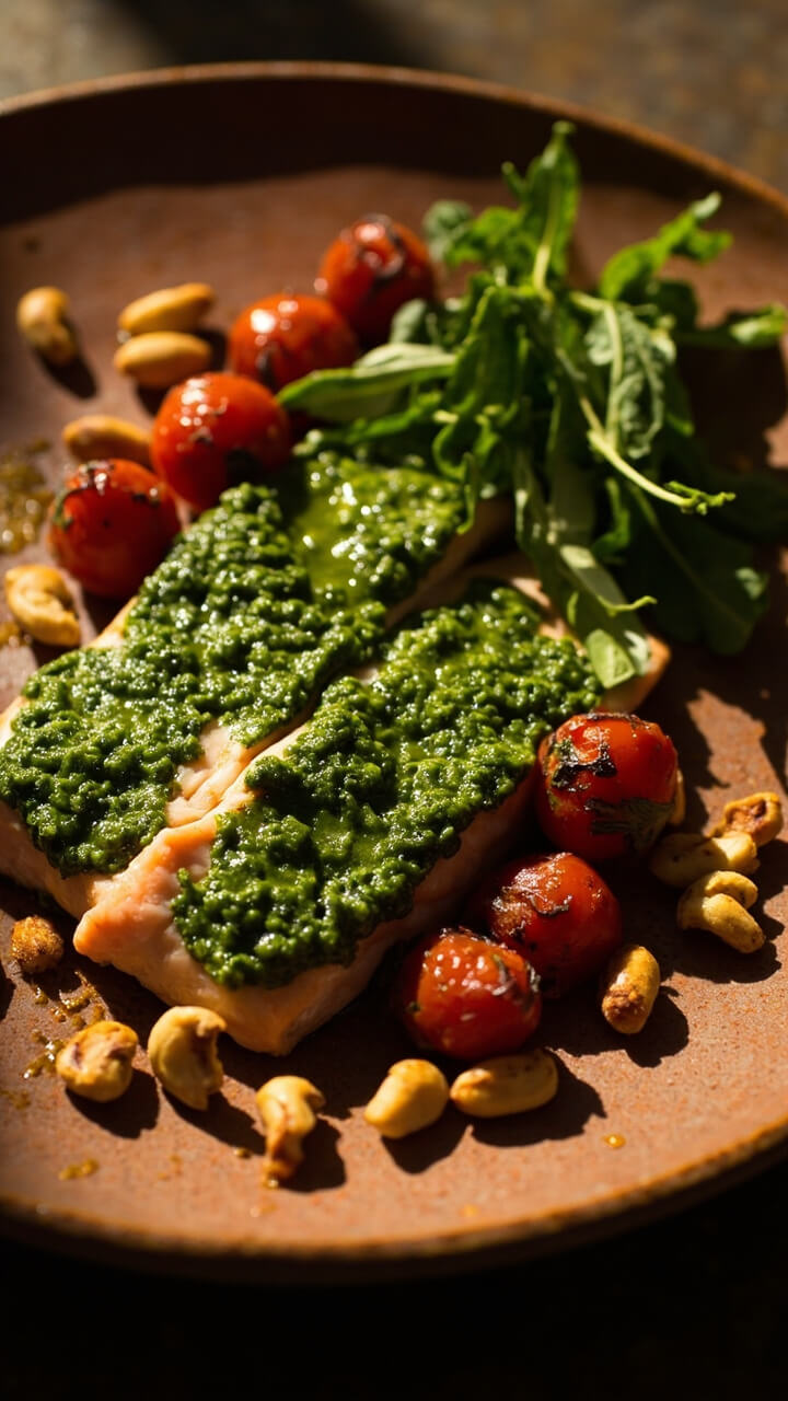 Salmon fillets coated in vibrant green pesto, sprinkled with pine nuts and served on a ceramic plate with a small bunch of arugula and roasted cherry tomatoes. Salmon fillets coated in vibrant green pesto, sprinkled with pine nuts and served on a ceramic plate with a small bunch of arugula and roasted cherry tomatoes.