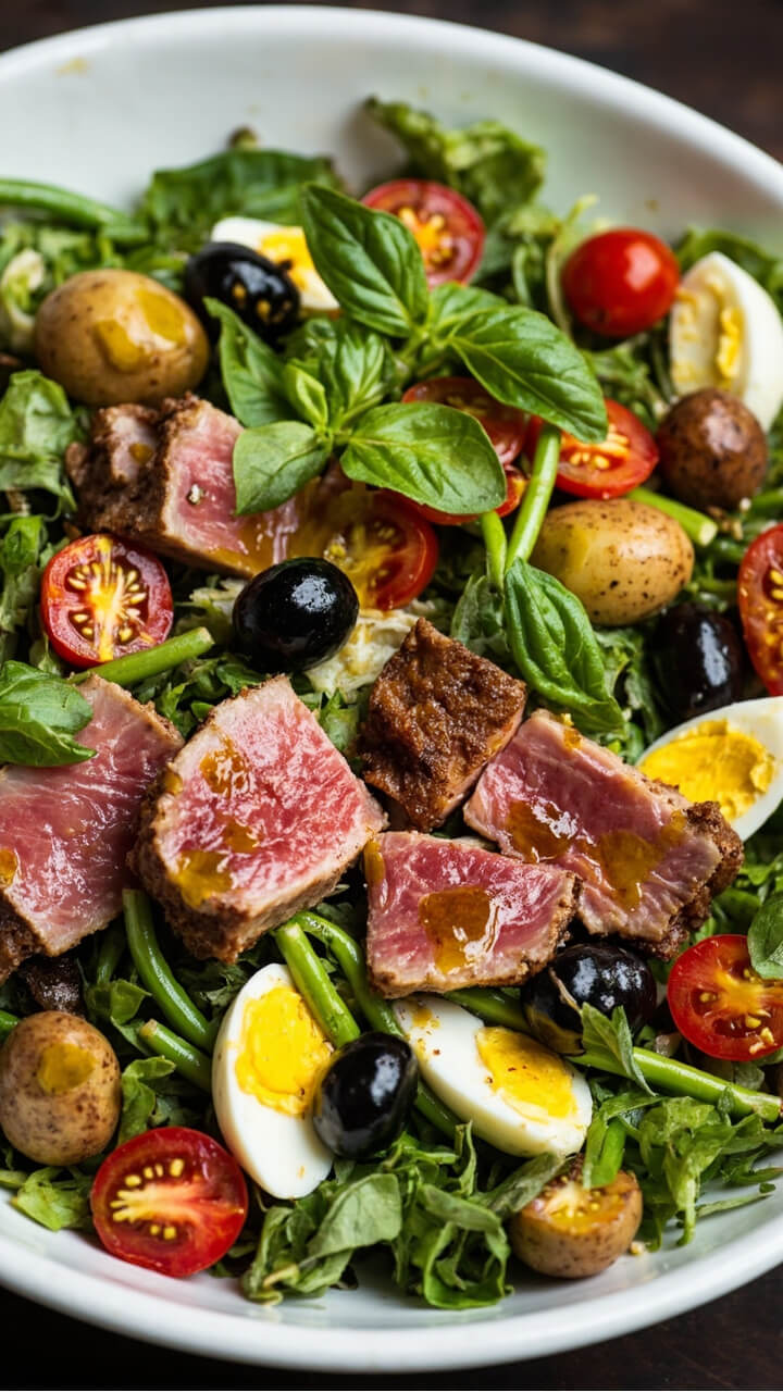 A large flat salad bowl layered with leafy greens, seared tuna slices, steamed green beans, halved baby potatoes, cherry tomatoes, hard-boiled egg wedges, and olives. Everything is drizzled with a mustardy vinaigrette and topped with torn basil. A large flat salad bowl layered with leafy greens, seared tuna slices, steamed green beans, halved baby potatoes, cherry tomatoes, hard-boiled egg wedges, and olives. Everything is drizzled with a mustardy vinaigrette and topped with torn basil.