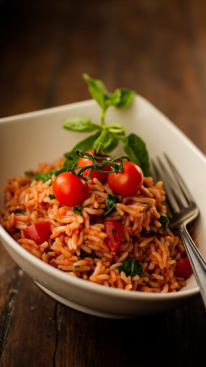 A mound of reddish, tomato-speckled rice flecked with chopped fresh basil, served in a shallow white pasta bowl, with a few slices of cherry tomatoes and a basil sprig on top, next to a fork. A mound of reddish, tomato-speckled rice flecked with chopped fresh basil, served in a shallow white pasta bowl, with a few slices of cherry tomatoes and a basil sprig on top, next to a fork.