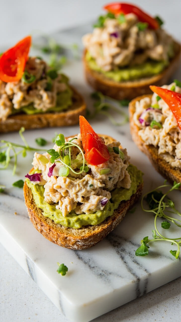 Sourdough toast slices topped with mashed avocado and a heaping spoonful of tuna salad, finished with red pepper triangles and a scattering of microgreens, on a marble board. Sourdough toast slices topped with mashed avocado and a heaping spoonful of tuna salad, finished with red pepper triangles and a scattering of microgreens, on a marble board.