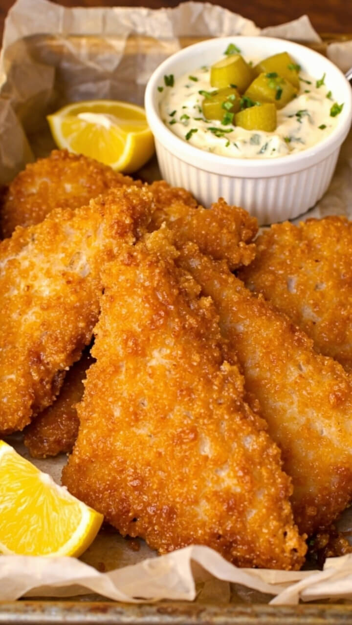 Triangle-shaped pieces of breaded fish, baked to a deep golden color, stacked on a sheet pan lined with parchment. A small bowl of tartar sauce sits beside, bright with chopped herbs and pickles, with lemon wedges for squeezing.
