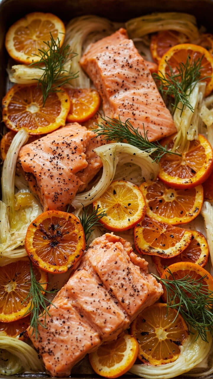 A baking dish filled with salmon fillets nestling among slices of orange, lemon, and thin-sliced fennel bulb. The finished dish is sprinkled with fennel fronds and cracked pepper, plated with some of the roasted fruit and vegetables.