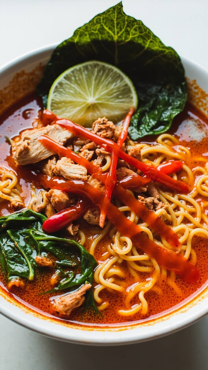 A bowl of chili-red broth with ramen noodles, shredded chicken, spinach leaves, sliced red chilies, and a squeeze of Sriracha on top. The vibrant colors pop against a plain white bowl, with a lime wedge on the side. A bowl of chili-red broth with ramen noodles, shredded chicken, spinach leaves, sliced red chilies, and a squeeze of Sriracha on top. The vibrant colors pop against a plain white bowl, with a lime wedge on the side.