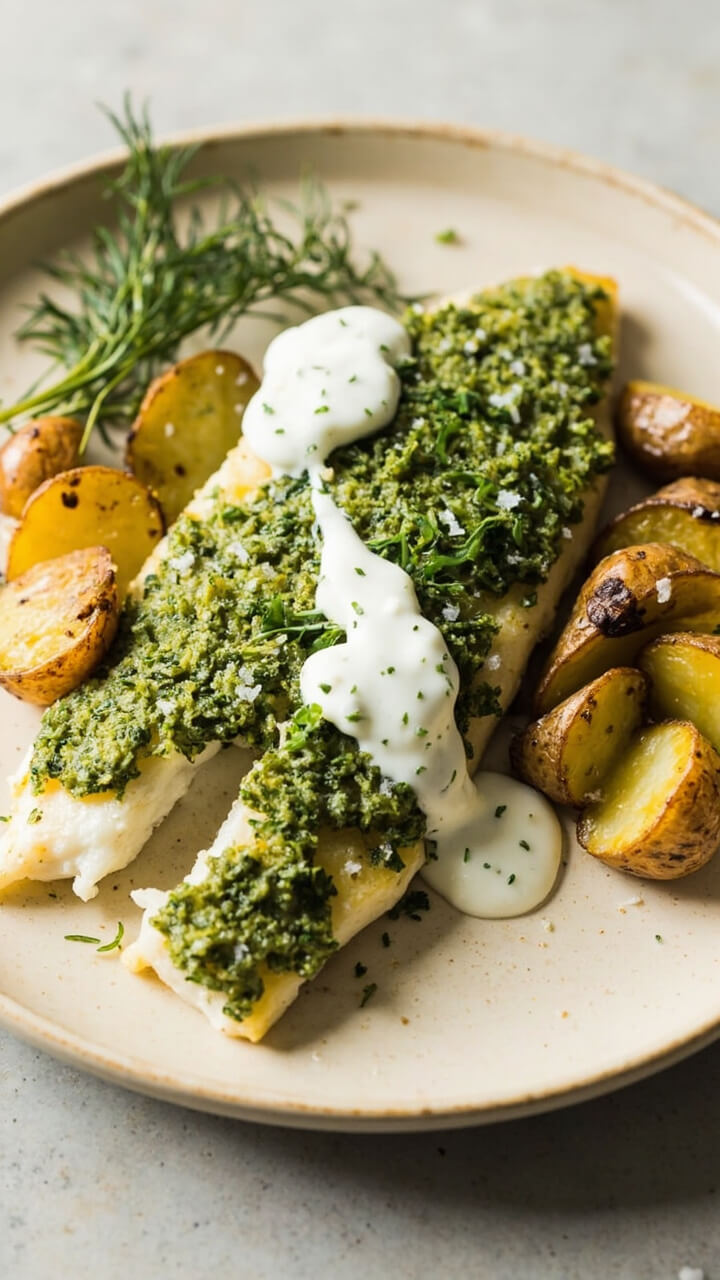 Catfish fillets with a green herb crust, drizzled with pale lemon yogurt sauce, arranged with roasted new potatoes and a sprig of dill on an off-white plate. Catfish fillets with a green herb crust, drizzled with pale lemon yogurt sauce, arranged with roasted new potatoes and a sprig of dill on an off-white plate.