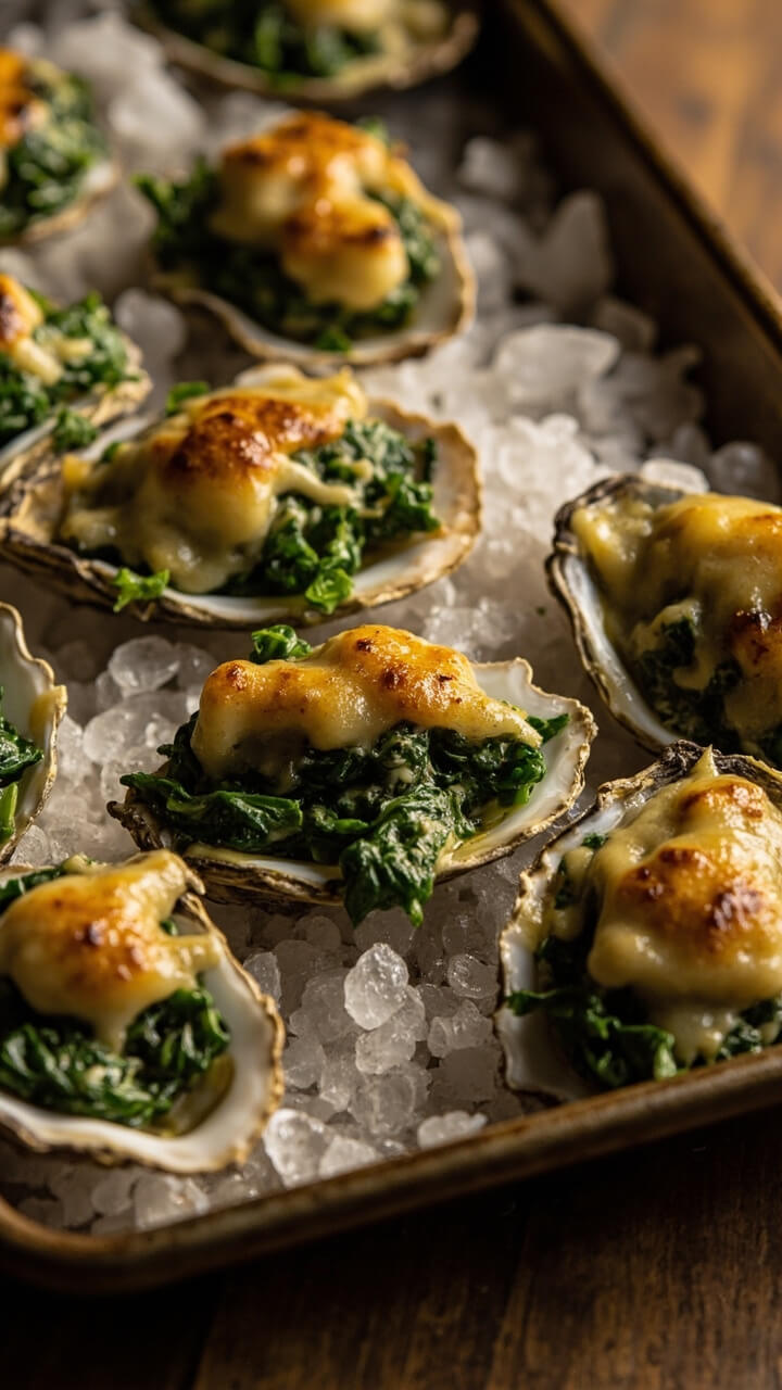 Half-shell oysters topped with vibrant spinach-parsley mixture and golden, bubbling cheese, arranged on a bed of coarse salt on a baking tray. Half-shell oysters topped with vibrant spinach-parsley mixture and golden, bubbling cheese, arranged on a bed of coarse salt on a baking tray.