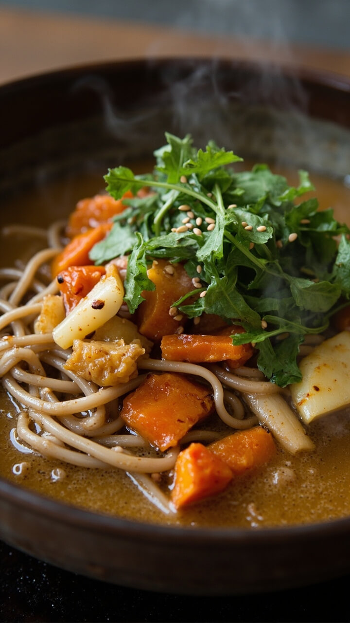 Deep bowl filled with miso broth, buckwheat soba noodles, chunks of caramelized roasted sweet potato, carrots, and parsnips, topped with baby arugula and toasted sesame seeds. Deep bowl filled with miso broth, buckwheat soba noodles, chunks of caramelized roasted sweet potato, carrots, and parsnips, topped with baby arugula and toasted sesame seeds.
