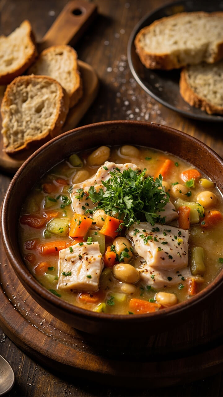A deep bowl filled with a brothy fish and white bean soup, chunks of flaky white fish, white cannellini beans, diced carrots and celery, a sprinkle of fresh parsley. Slices of crusty bread on a small cutting board nearby. A deep bowl filled with a brothy fish and white bean soup, chunks of flaky white fish, white cannellini beans, diced carrots and celery, a sprinkle of fresh parsley. Slices of crusty bread on a small cutting board nearby.