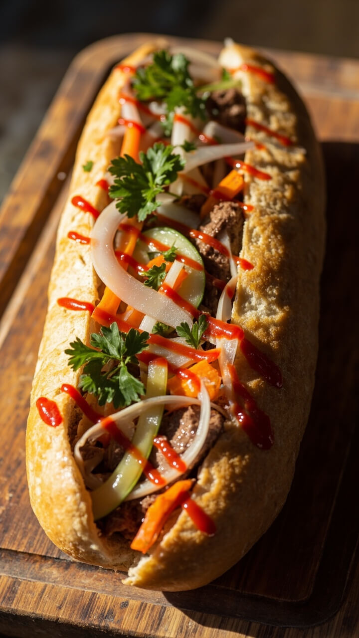 A split baguette layered with thin steak slices, pickled carrots and daikon, cucumber, fresh cilantro, and spicy sriracha mayo. Cut in half and arranged on a cutting board. A split baguette layered with thin steak slices, pickled carrots and daikon, cucumber, fresh cilantro, and spicy sriracha mayo. Cut in half and arranged on a cutting board.