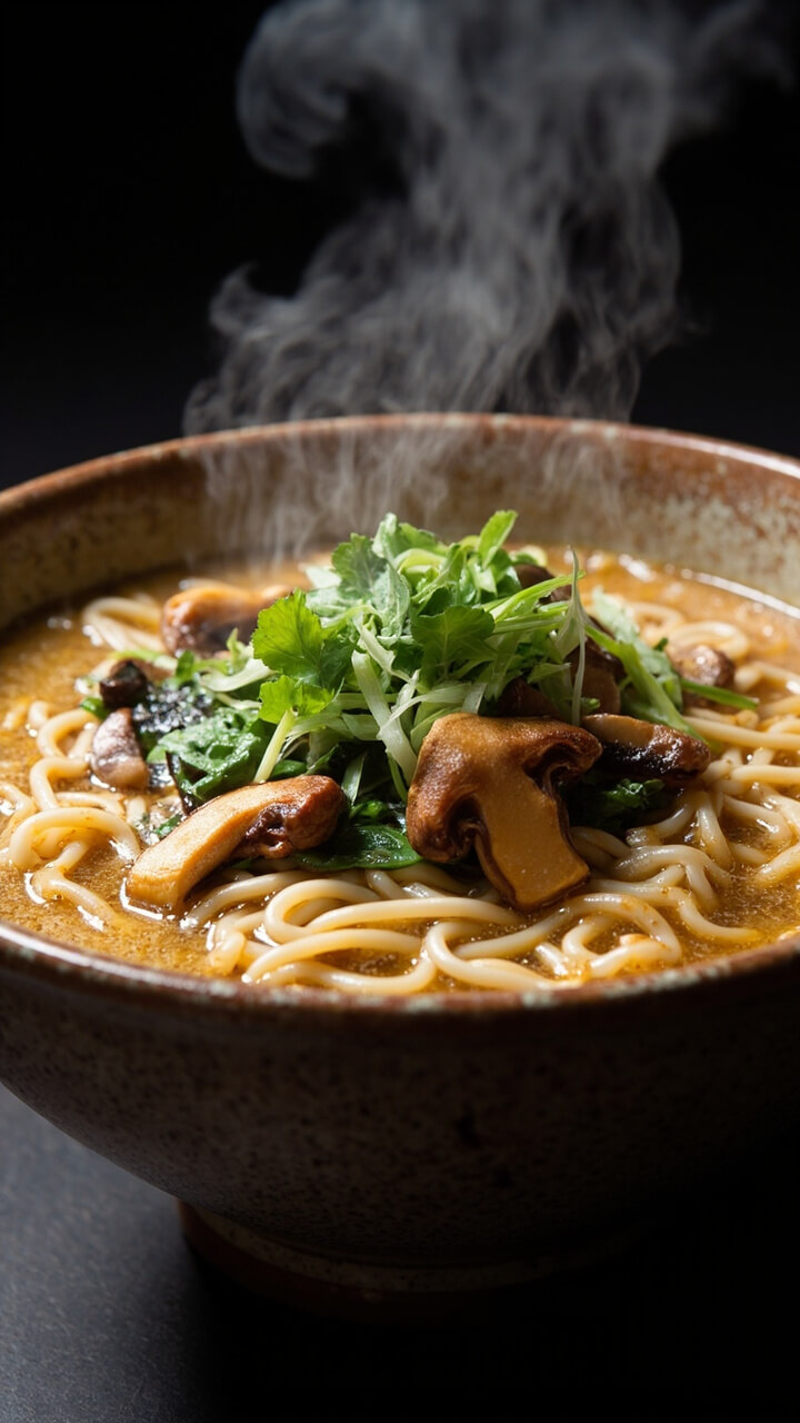 A deep stoneware bowl brimming with steaming ramen noodles in cloudy golden broth, topped with sautéed shiitake mushrooms, baby spinach leaves, and a sprinkle of sliced scallions. Miso paste is swirled through the broth. A deep stoneware bowl brimming with steaming ramen noodles in cloudy golden broth, topped with sautéed shiitake mushrooms, baby spinach leaves, and a sprinkle of sliced scallions. Miso paste is swirled through the broth.